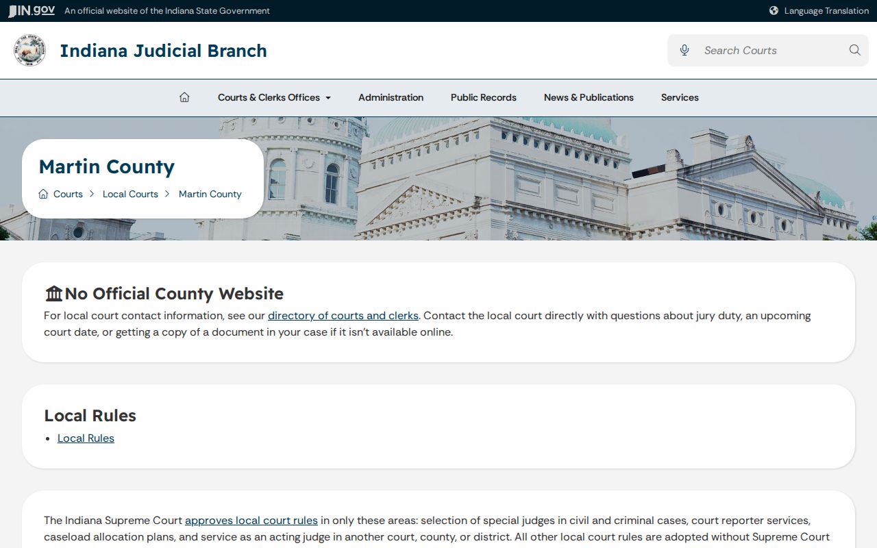 Martin County warrant record routing on the Indiana Judicial Branch page